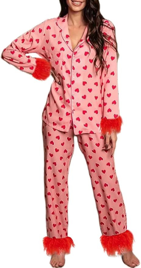 Women Holiday Feather Trim Pajamas Cute Bow Print Silk Satin Pjs 2 Piece Long Sleeve Shirts and P... | Amazon (US)