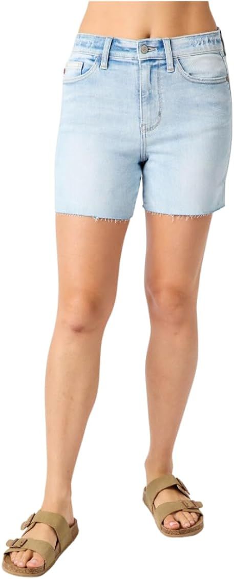 Judy Blue Light Wash Raw Hem Four Way Stretch Denim Shorts | Amazon (US)