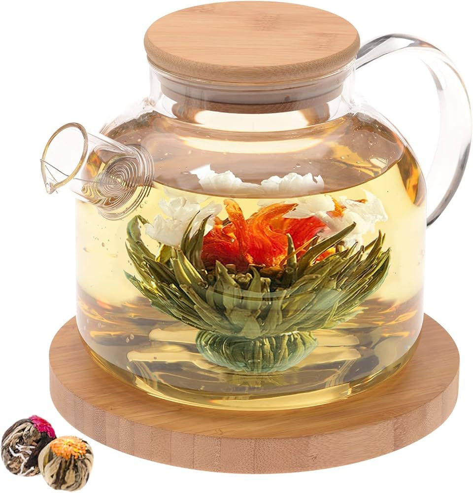 Teabloom Stovetop Safe Glass Teapot with Bamboo Lid (40oz/1200ml) + Loose Leaf Tea Filter Spout +... | Amazon (US)