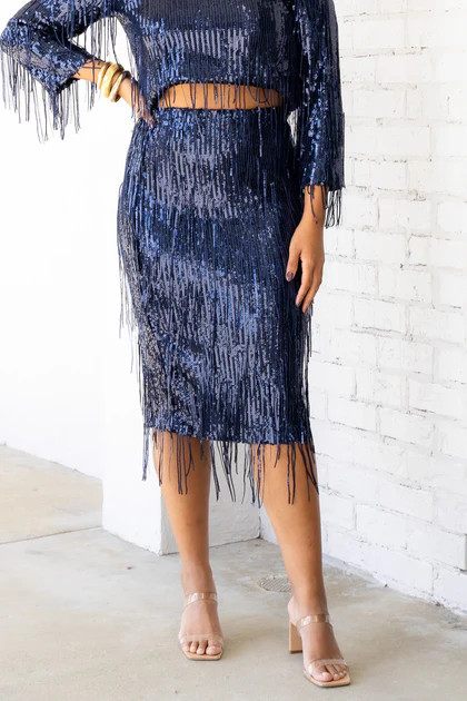 Insight Blueberry Sequin Fringe Midi Skirt | The Willow Tree