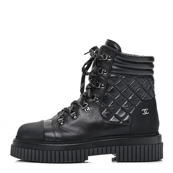 CHANEL Calfskin Grosgrain Quilted Lace Up Boots 40 Black Grey | Fashionphile