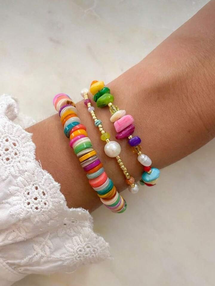 3 stks/set Boheemse kleurrijke asymmetrische schelp kralen elastische meerlaagse armbanden voor d... | SHEIN