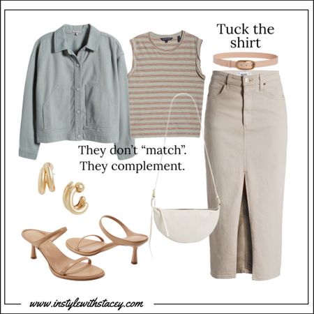 …or how about this look? I’m loving the soft gray green with this beige midi. Tuck in the tank and top it with a utility jacket (under $100)! Keep your leg line long with a strappy sandal that hits below the ankle. 

#LTKitbag #LTKover40 #LTKstyletip