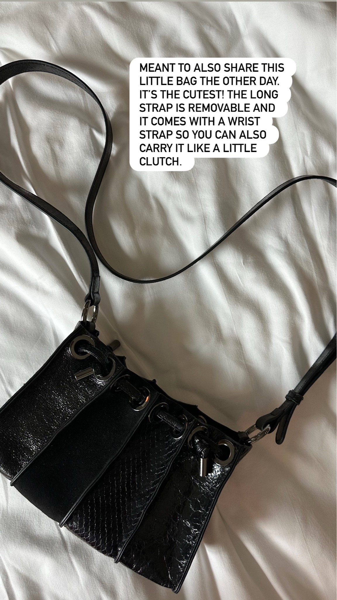 One of my favorite little crossbodies/clutches lately. Comes with a removable long strap and wrist strap to carry as a clutch