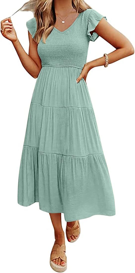 MEROKEETY Women's Flutter Sleeve Smocked Midi Dress V Neck Casual Tiered Dresses with Pockets | Amazon (US)