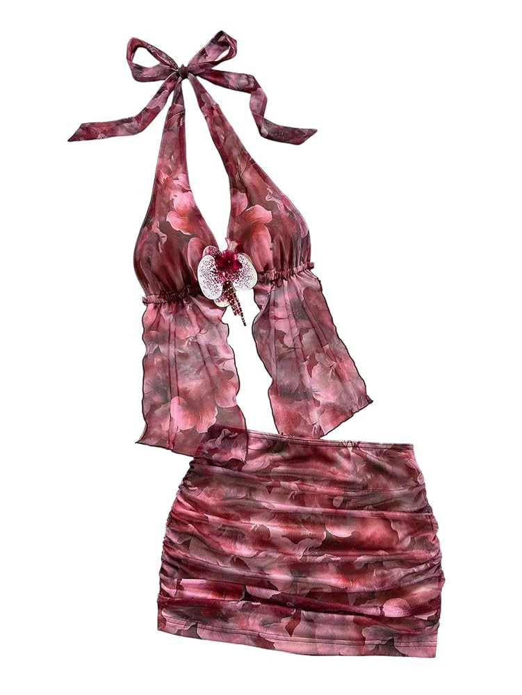 MakeMeChic Women's Summer 2 Piece Sets Mesh Backless Halter Tops Camisole Pencil Mini Skirt Set | Amazon (US)