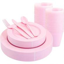 KIRE Resuable Pieces Pink Plastic Plates Pink Dinnerware Set Include Dinner Plates Salad Plates Forks Knives Spoons Clear Pink Cups For Birthday | SHEIN