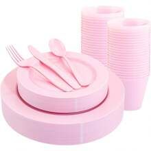 KIRE Resuable Pieces Pink Plastic Plates Pink Dinnerware Set Include Dinner Plates Salad Plates Forks Knives Spoons Clear Pink Cups For Birthday | SHEIN