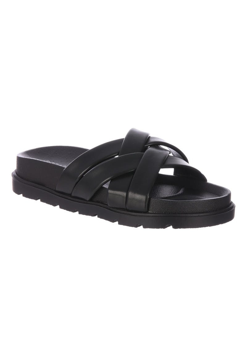 Womens Black Cross Strap Sliders | Peacocks