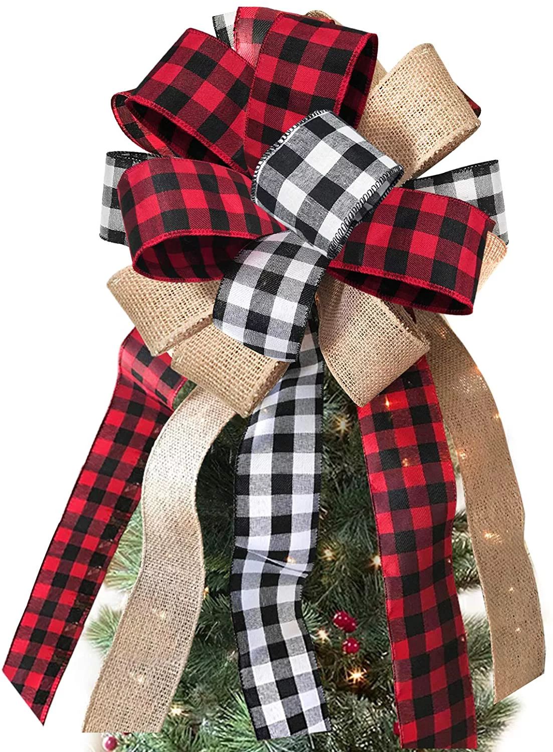 Christmas Tree Topper Buffalo Plaid Bows Red Black White Burlap Bow Checkered Ribbon Bow Rustic F... | Walmart (US)