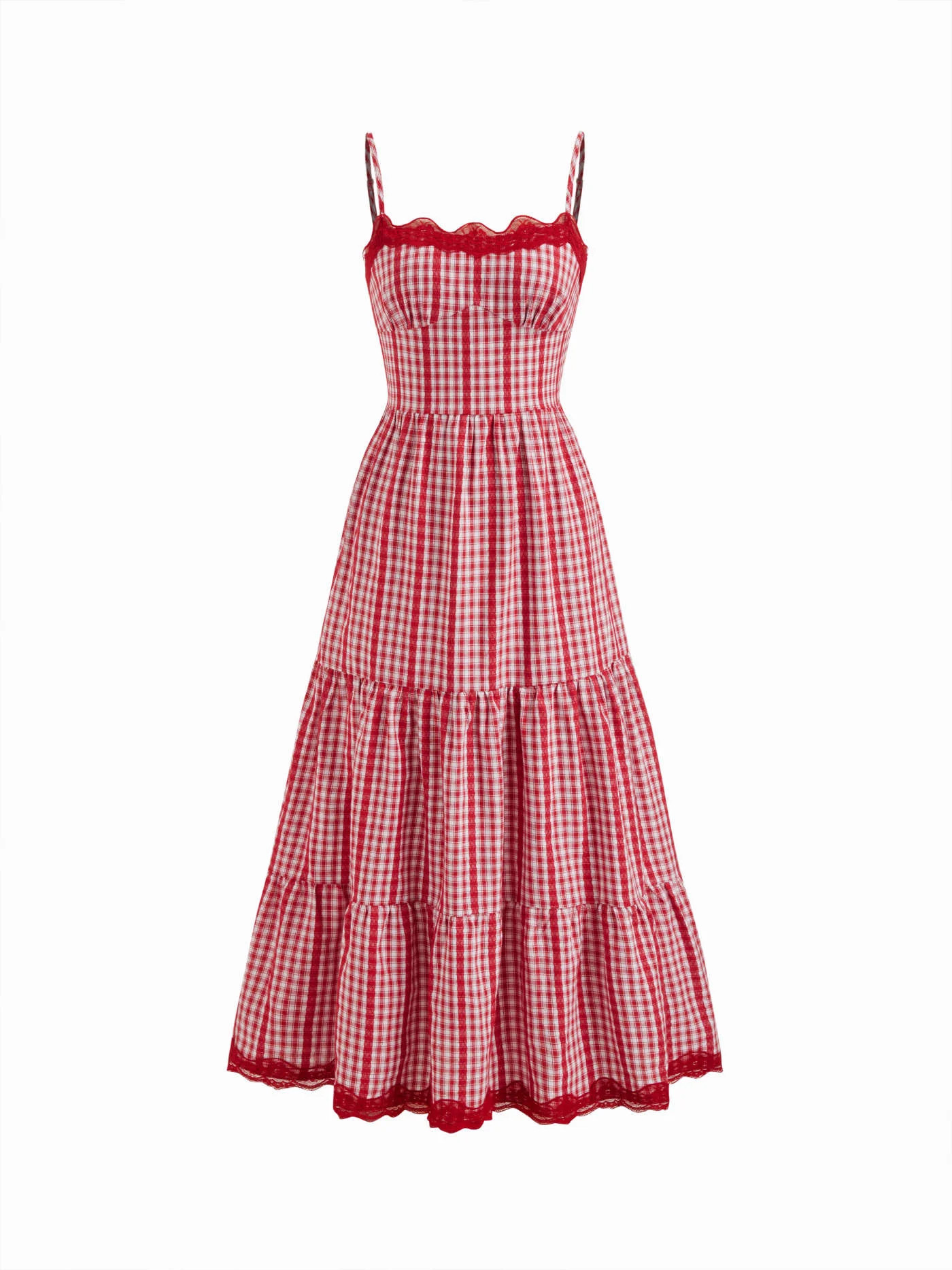 Woven Cotton-blend Gingham Lace Trim Tiered Shirred Maxi Dress For Daily Casual | Cider