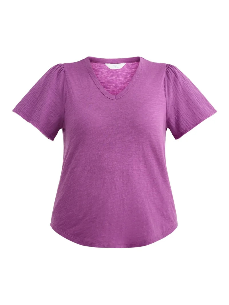 Time and Tru Women's Cotton Mixed Fabric V Neck Tee, Sizes XS-XXXL - Walmart.com | Walmart (US)