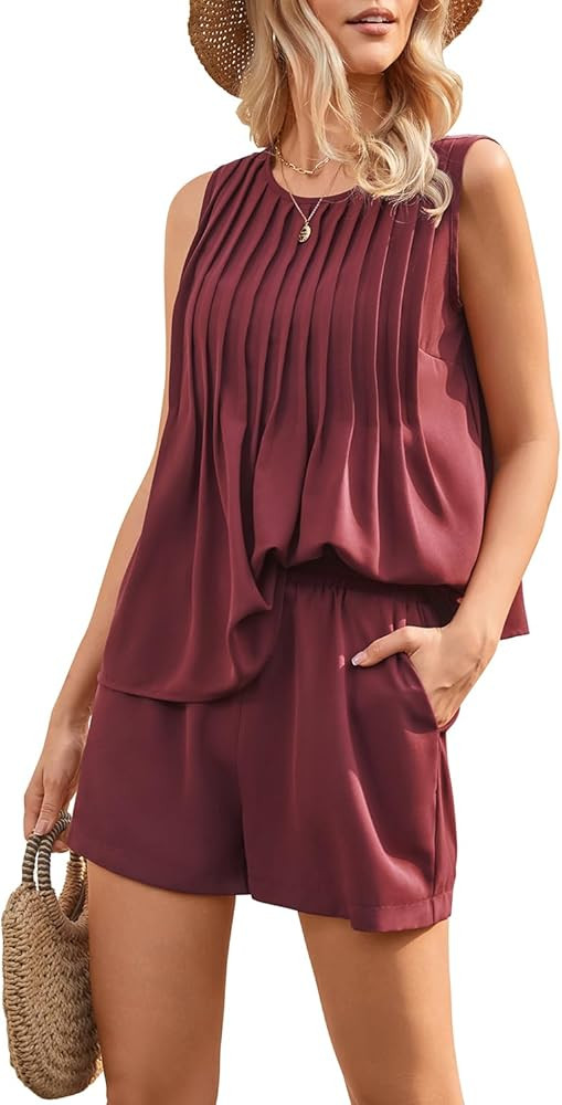 Womens Summer 2 piece Outfits Crew Neck Pleated Peplum Sleeveless Sets Tank Tops Shorts with Pock... | Amazon (US)