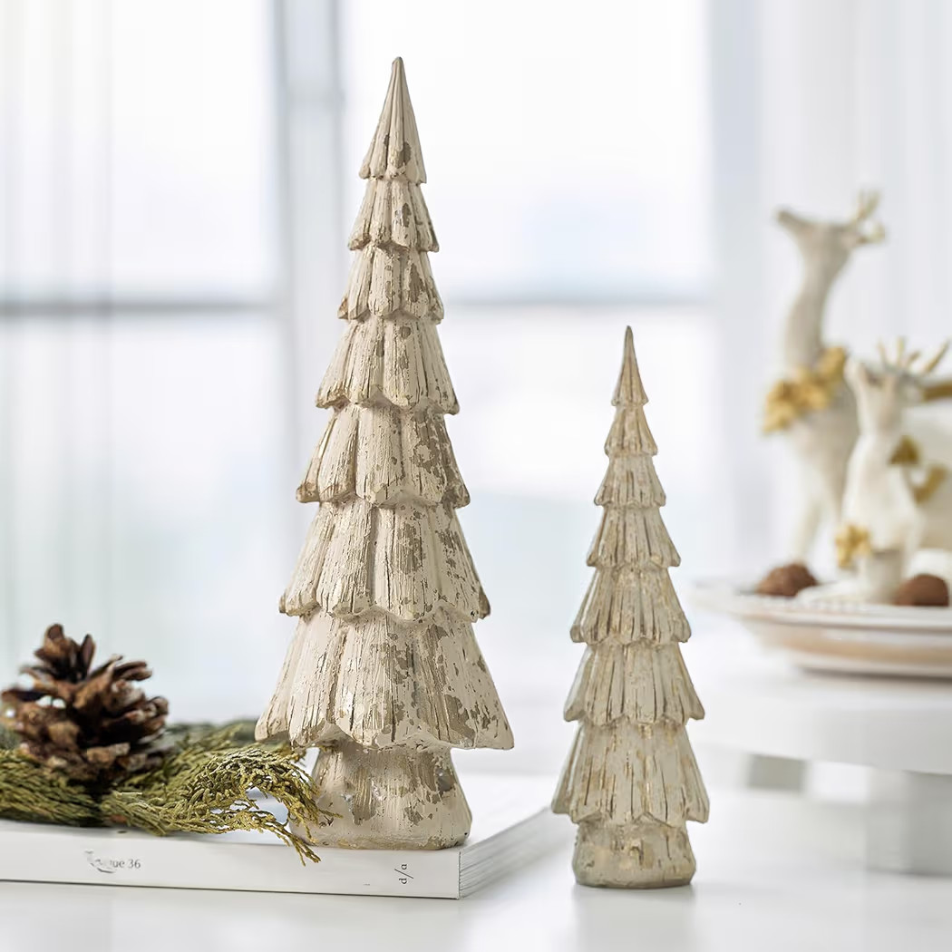 Christmas Tree Figurines, Wood Effect Accented with Gold, Tabletop Xmas Trees Set of 2, Small Dec... | Amazon (US)