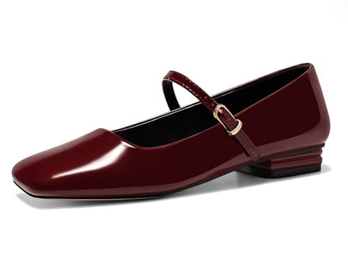 Coutgo Women's Mary Jane Flats Closed Square Toe Ballet Flat Dressy Comfortable Slip on Shoes, Burgundy, Size 7 | Amazon (US)