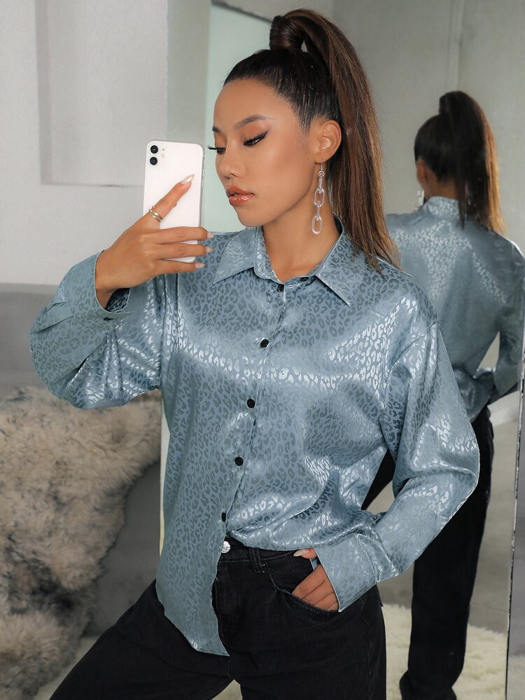 Drop Shoulder Leopard Jacquard Satin Blouse | SHEIN