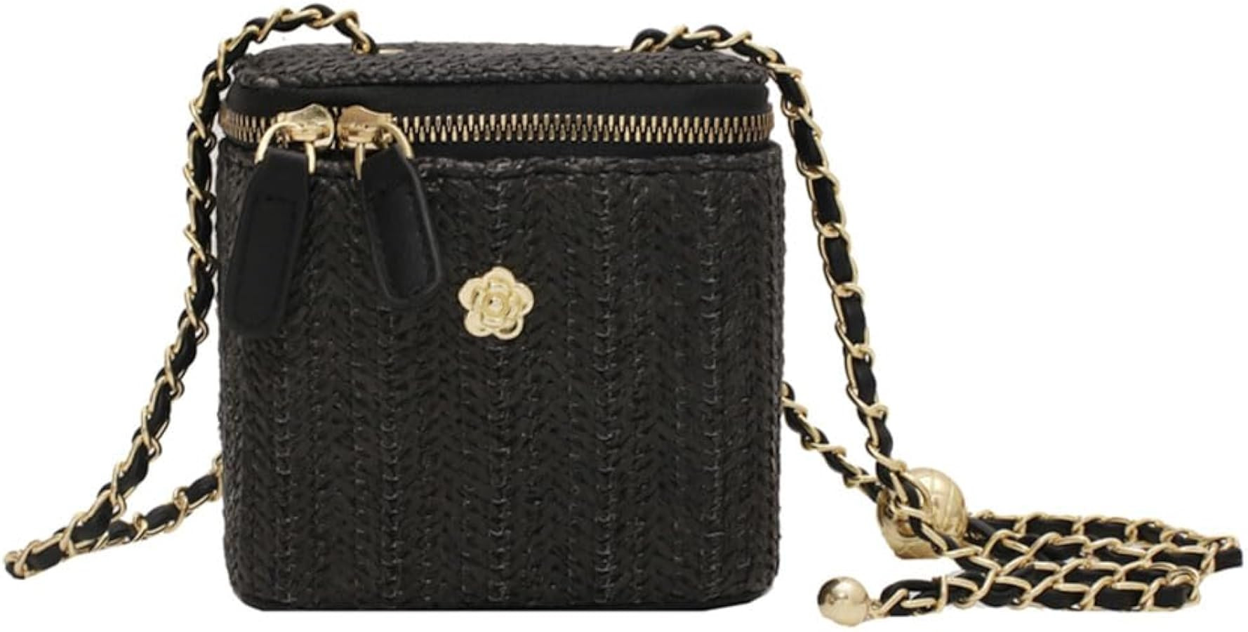Women Woven Crossbody Bag with Chain Weaving Beach Handbag Straw Bucket Satchel Bag Ladies Summer... | Amazon (US)