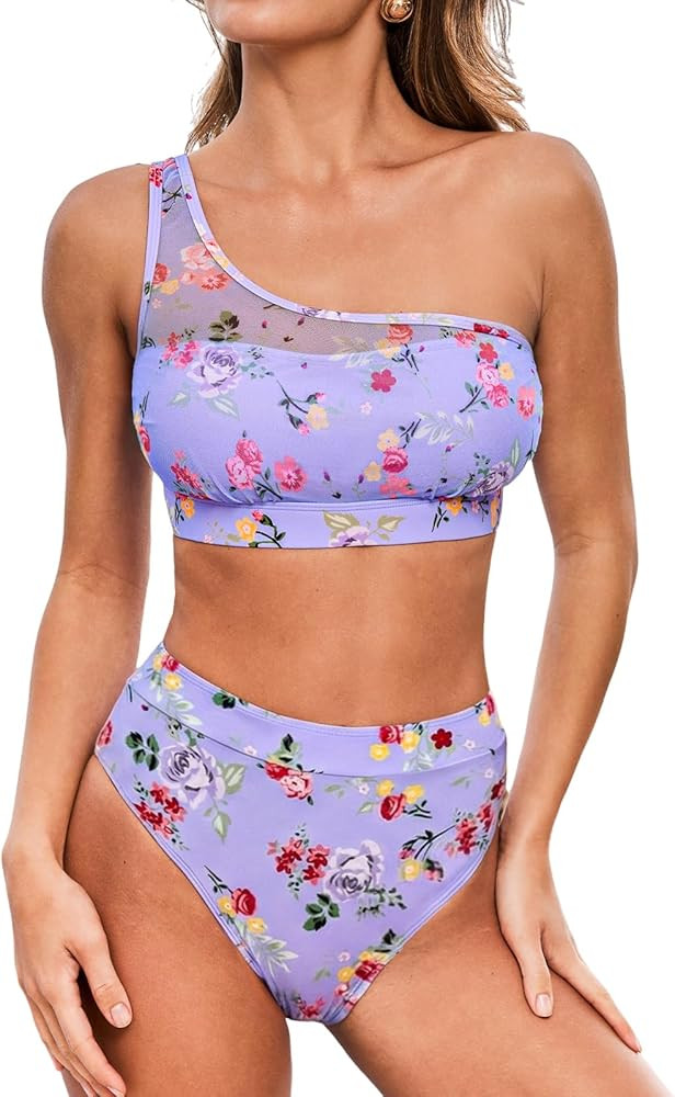CUPSHE Women's Bikini Sets Two Piece Swimsuit High Waisted Bathing Suits One Shoulder Mesh Swimwe... | Amazon (US)