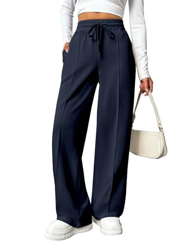 PINSPARK Womens Loose Long Pants High Waisted Wide Leg Lounge Pants Drawstring Casual Sweatpants Trousers with Pockets True Navy XS | Amazon (US)
