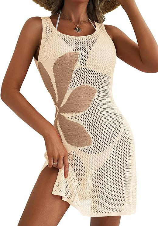 Dokotoo Women's Summer Swimsuit 2026 Cover up Crochet Beach Floral Hollow Out Slit Bikini Sleevel... | Amazon (US)