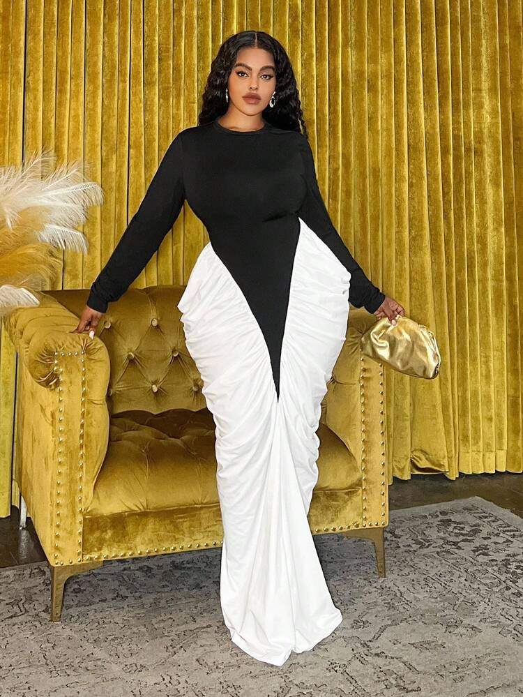 Veslaya 2025 Autumn/Winter Plus Size Women's Dress, Y2K Street Style, Elegant Ruched Colorblock D... | SHEIN
