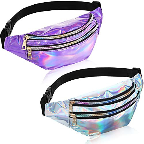 Frienda 2 Pieces Holographic Fanny Pack for Women Colorful Sport Waist Bag Pack(Silver, Purple) | Amazon (US)