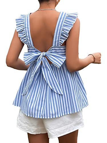 Floerns Women's Striped Print Boat Neck Tie Back Sleeveless Maternity Peplum Blouse Tops Blue and White XXL | Amazon (US)