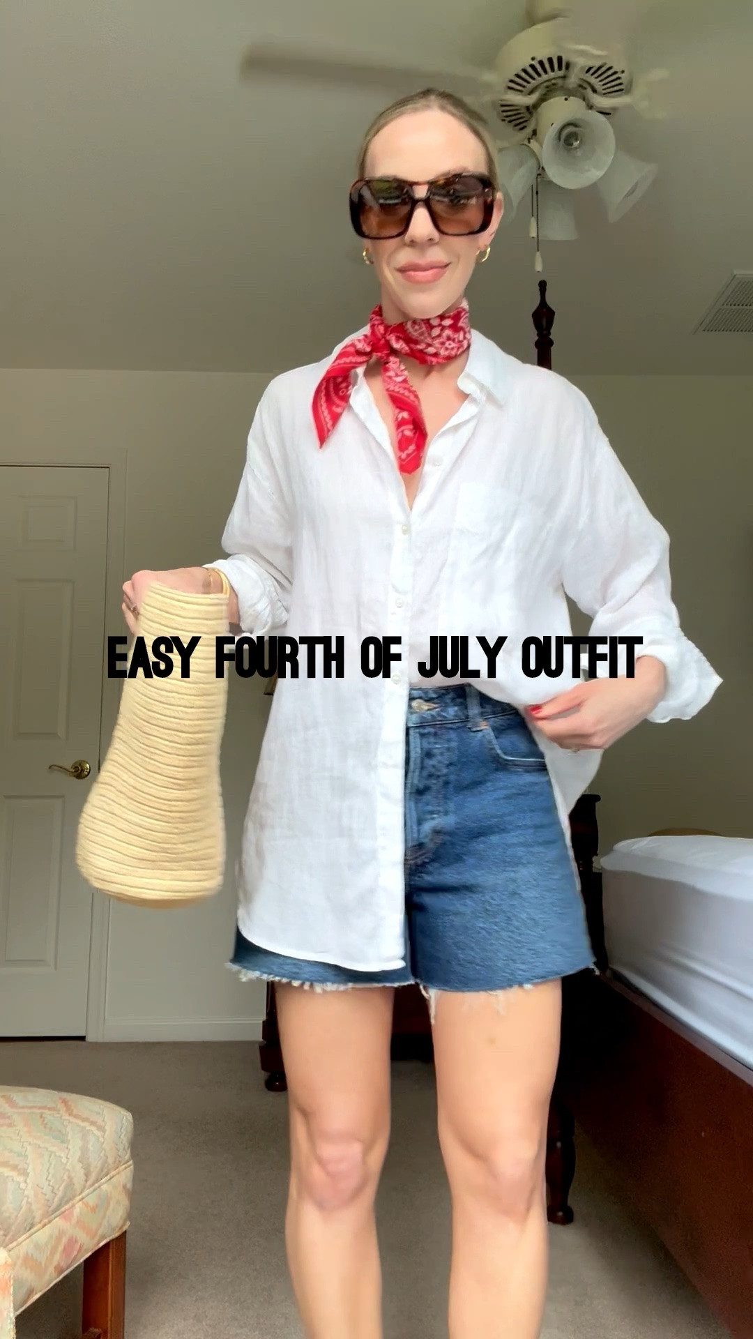 Easy Fourth of July outfit idea - oversized white linen shirt, red bandana scarf, dark denim shorts, jelly shoes

#LTKOver40 #LTKSeasonal #LTKSaleAlert