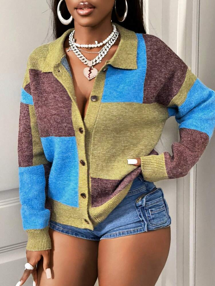 SHEIN BamGlam Women's Sweater Cardigan Knitted Long-Sleeved Polo Collar Green Buttons Green Blue Brown Square Loose Vacation Travel Casual Party Women's Clothing Spring And Autumn Style Summer Winter Autumn | SHEIN