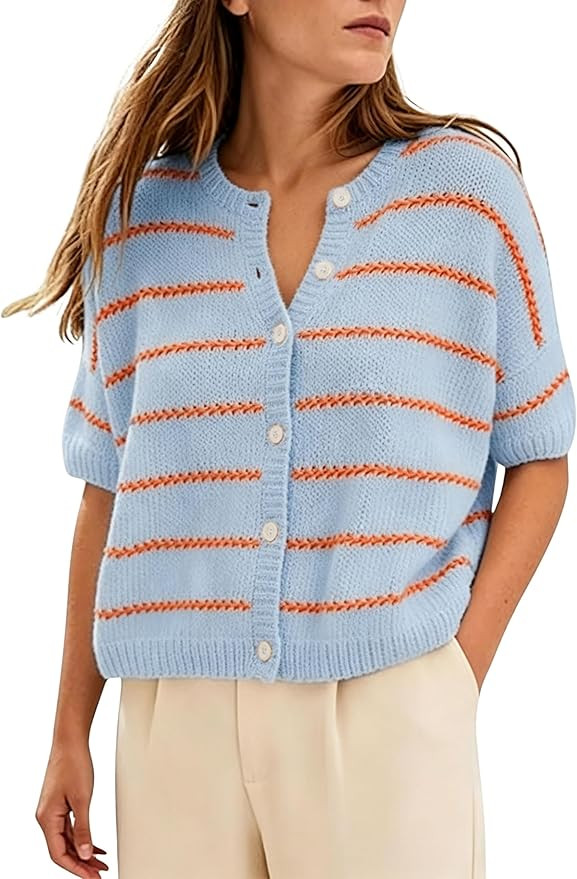 QIBABU Womens Short Sleeve Striped Cardigan Casual Button Down Crewneck Summer Lightweight Croppe... | Amazon (US)