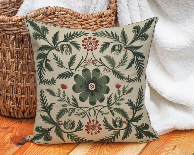 Floral Folk Art Pillow Cover in Sage Green, Summer Woodland Cushion, Unique Housewarming Gift, No... | Etsy (US)
