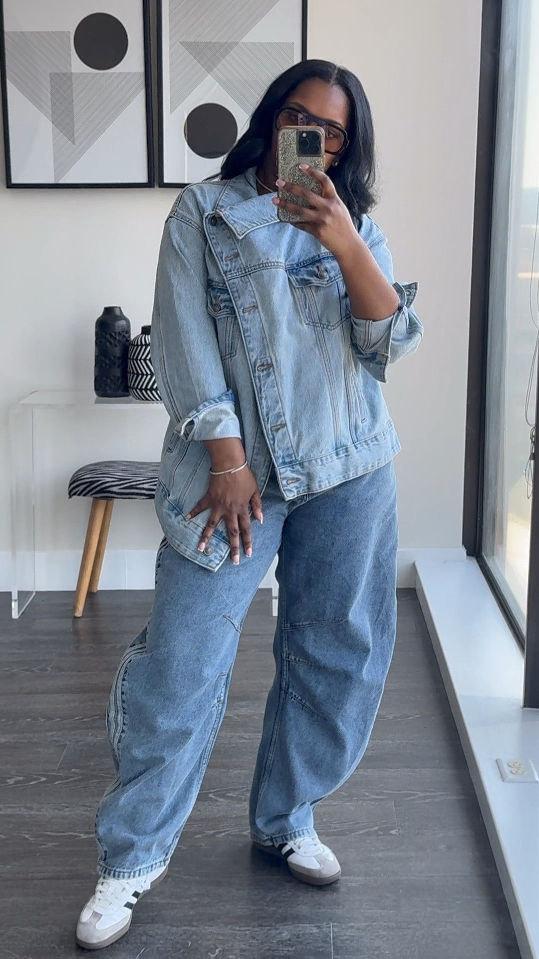 Get into these @adidas barrel leg denim jeans. I am obsessed! I’m wearing a size 30/30 for a more oversized fit.  Size down for a more fitted look. The asymmetrical styled jacket by KBB by Kahlana is sold out in the denim blue color but I have linked the white denim option. Jacket is very oversized, I’m wearing a size XS. 

#outfitinspo #summeroutfit #ltkstyletip

#LTKootd