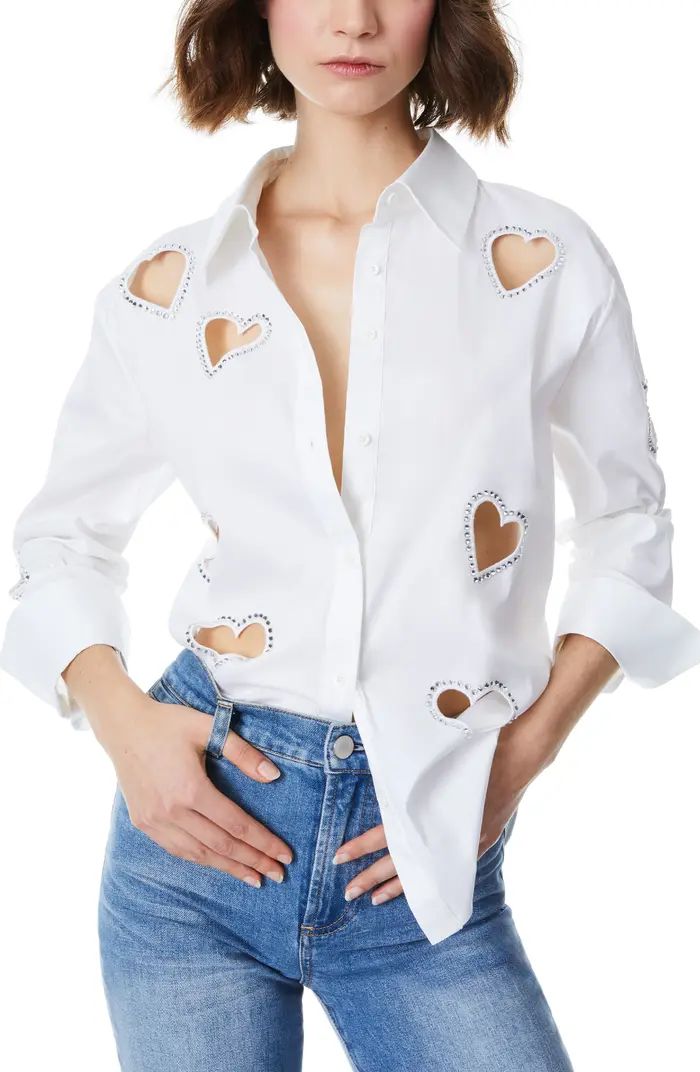 Alice + Olivia Crystal Heart Cutout Detail Cotton Blend Button-Up Shirt | Nordstrom | Nordstrom