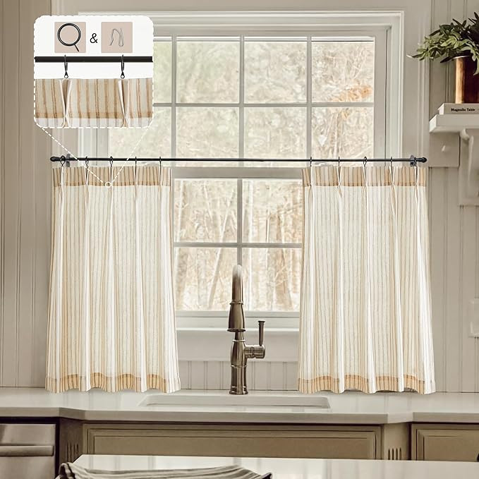 Short Curtains 30 Inch Length for Boho Kitchen Window,Beige Printed Striped Semi Sheer RV Curtain... | Amazon (US)