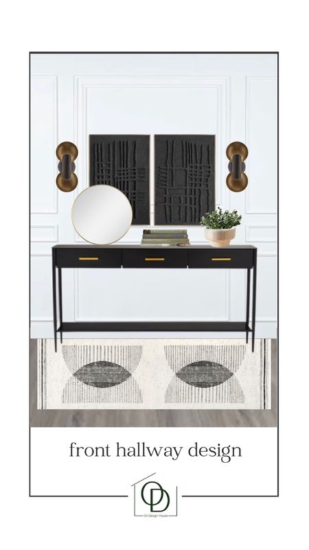 A curated styling of one of the console tables from my round up tonight. 

Black console table with drawers, wide console table, geometric runner, small round mirror, black textured art, 3d art, black and brass sconces, modern sconces, scalloped vase, faux olive branches, stacked books

#LTKhome #LTKunder100 #LTKFind