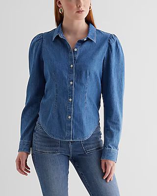 Denim Puff Sleeve Portofino Shirt | Express