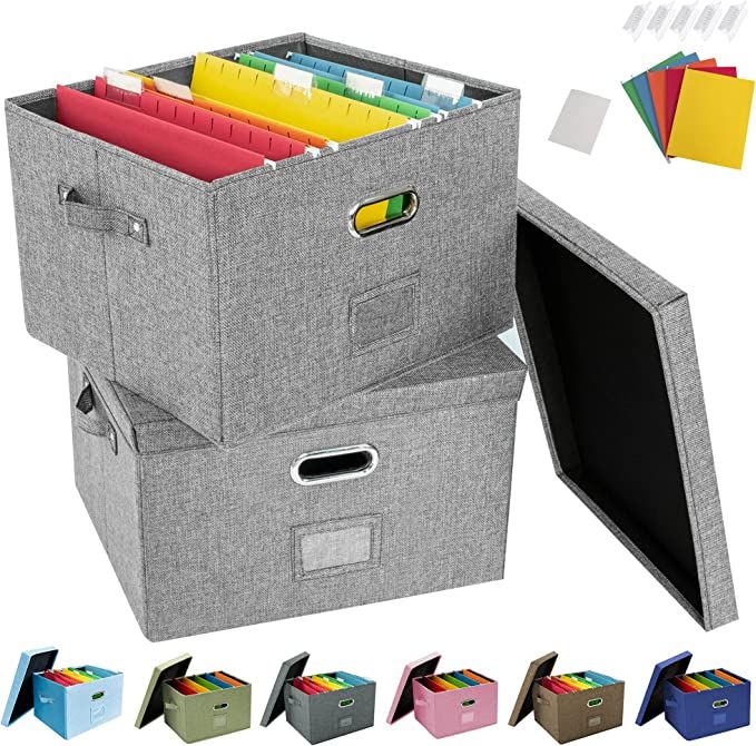 JSungo 2 Pack File Box with 10 Hanging Filing Folders, Document Organzier Storage with Lid, Colla... | Amazon (US)