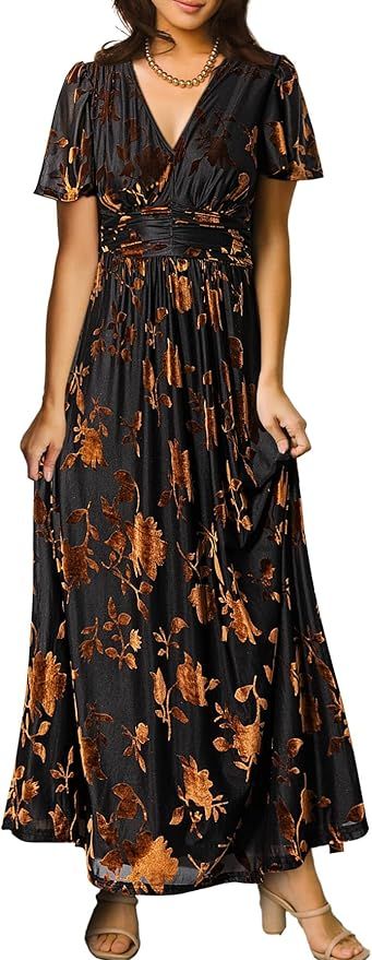 Simplee Women’s V Neck Velvet Maxi Dress Short Sleeve Empire Waist Long Formal Dress for Weddin... | Amazon (US)