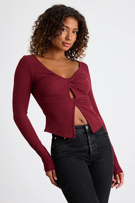 Lumirah Burgundy Ribbed Knot-Front Cutout Long Sleeve Top | Lulus
