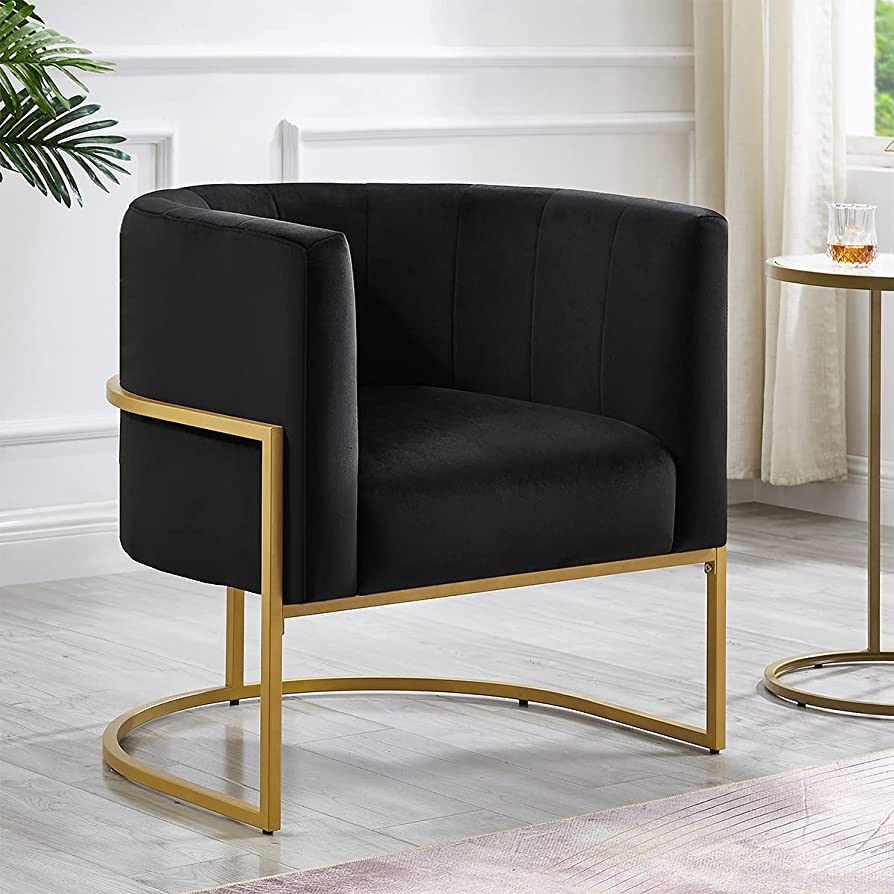 24KF Upholstered Living Room Chairs Modern Black Textured Velvet Accent Chair with Golden Metal Stan | Amazon (US)