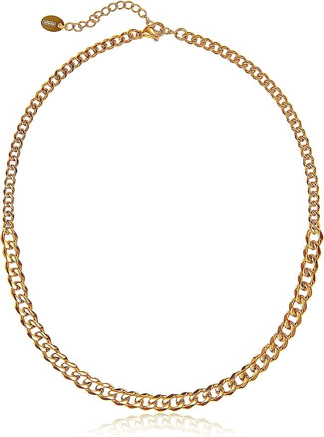Streetwear Necklace | 14k Gold Chain Choker Necklace for Women | Dual Sized 14k Gold Dipped Curb ... | Amazon (US)
