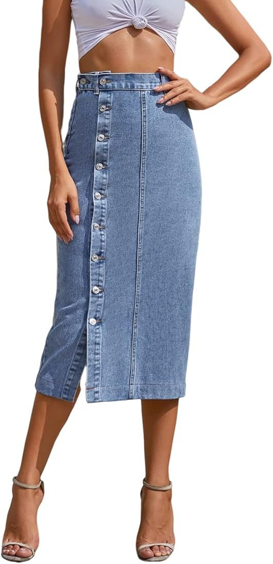 Long Denim Skirts for Women Maxi Paperbag High Waist Frayed Raw Hem A line Flare Jean Skirt with ... | Amazon (US)
