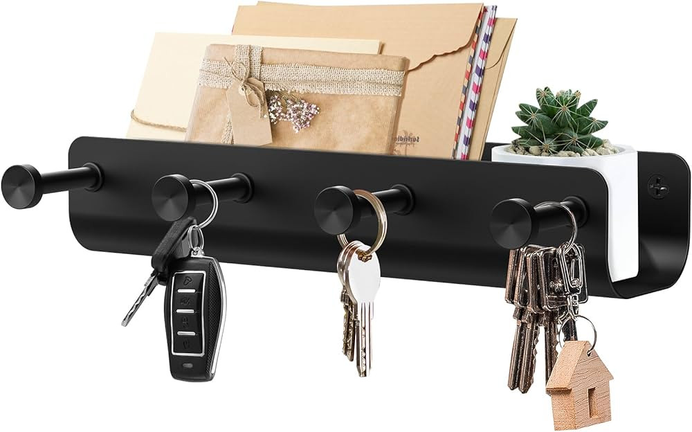 Key Holder Wall Mount, Black Metal Key Rack with Tray Narrow Key Holder with Shelf Key Organizer ... | Amazon (US)