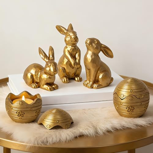 Mrlikale Easter Bunny Decorations, 5 Pieces Spring Bunny Figurines with Easter Egg, Small Rabbit Decor for Home, Tabletop, Shelf, Mantel, Centerpiece (Gold) | Amazon (US)