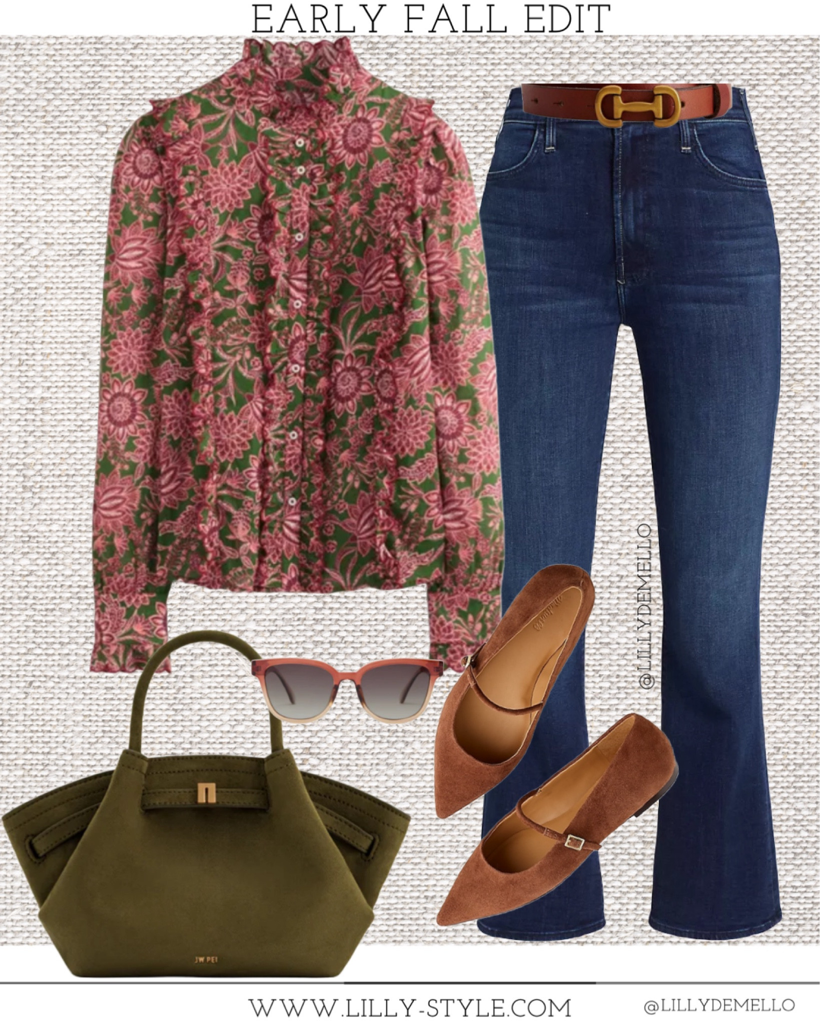 Feminine blouse for fall paired with gorgeous suede flats and bag that looks expensive but won’t break the bank.  This style of jeans is one of my favorites- flattering and pairs with just about any style of shoes.  

#LTKItBag #LTKShoeCrush #LTKSeasonal