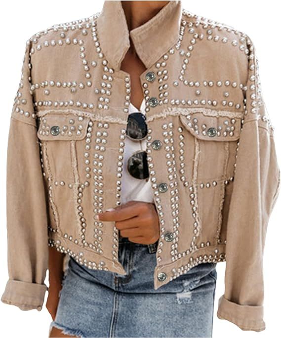 Omoone Women's Long Sleeve Rivet Studded Denim Jacket Casual Washed Pearl Short Jean Coat | Amazon (US)