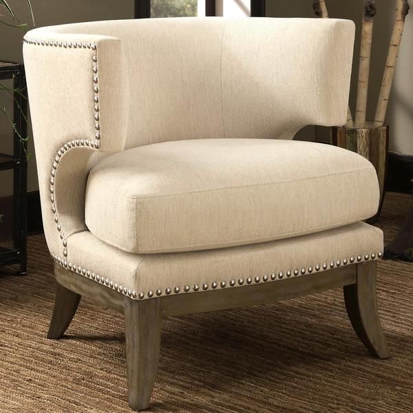 Luxenberg Mid Century Modern Barrel Back Design Soft Cream/ White Accent Chair with Nailhead Trim | Bed Bath & Beyond