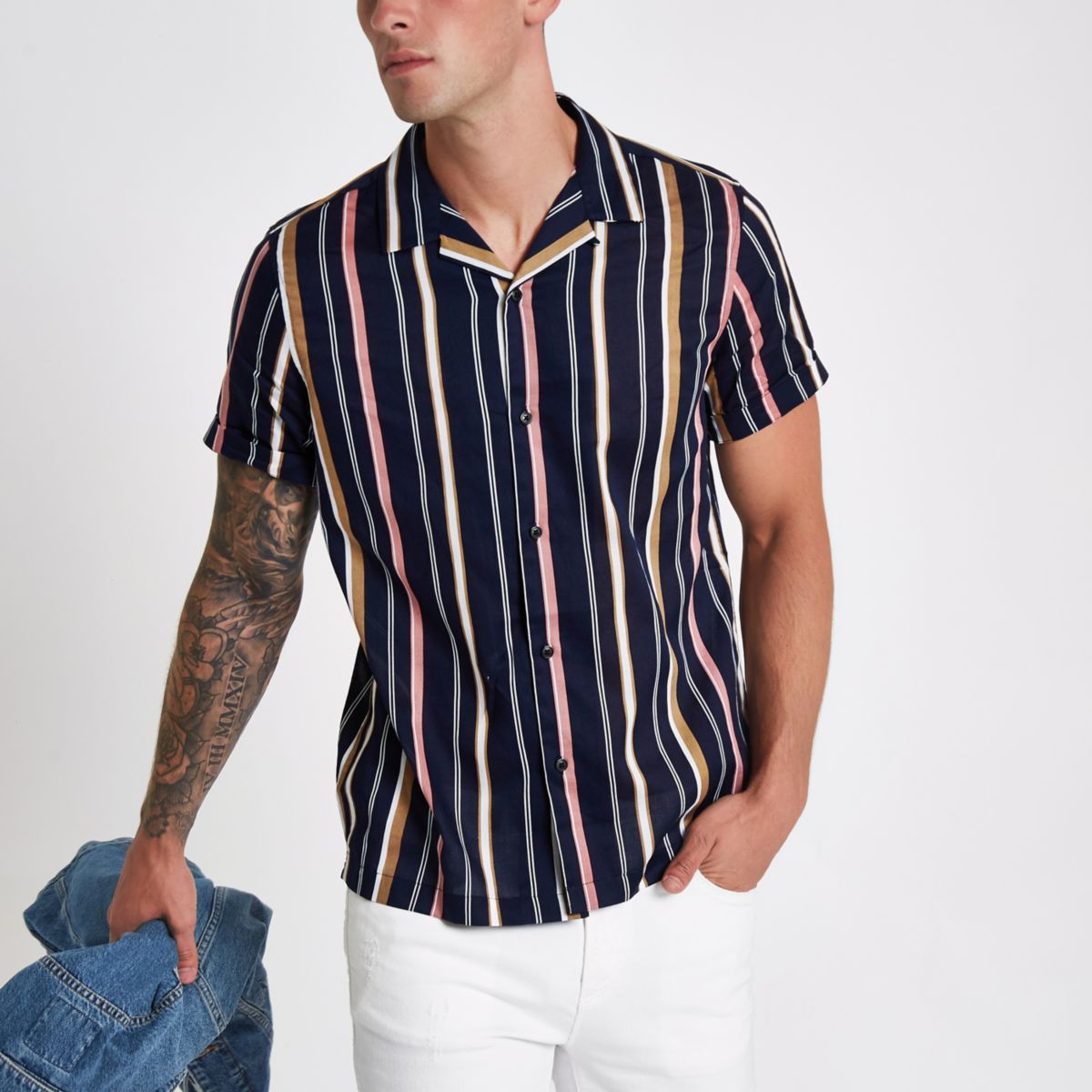 River Island Mens Navy stripe revere short sleeve shirt | River Island (UK & IE)
