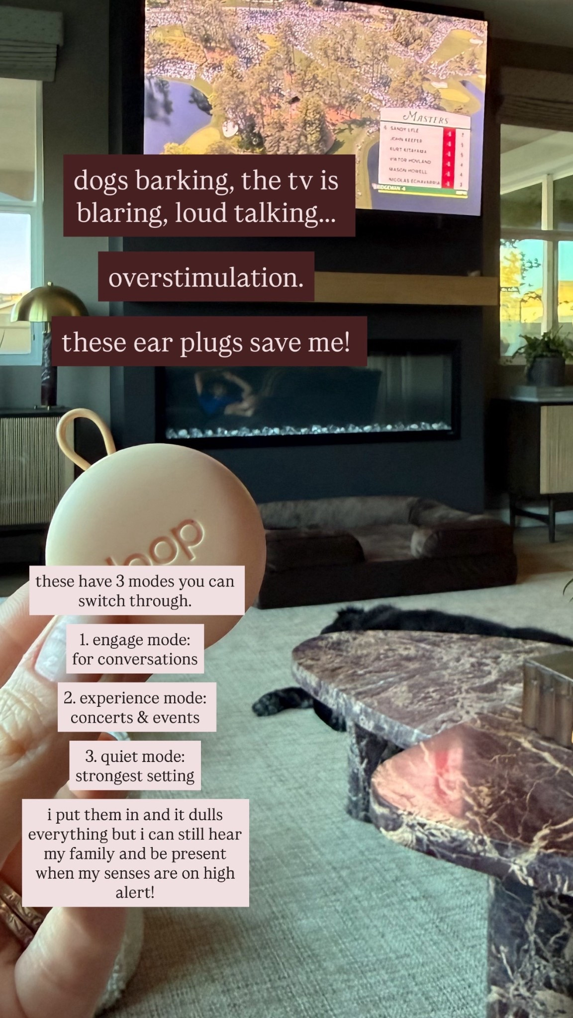 i swear by these ear plugs! i swear my husband is blaring the masters on volume 10000 but apparently i am the problem. 🤣you can wear them and still hear conversations! just dulls the noise. they have 3 settings. for different situations! 

#LTKdayinmylife #LTKOver40 #LTKmomlife