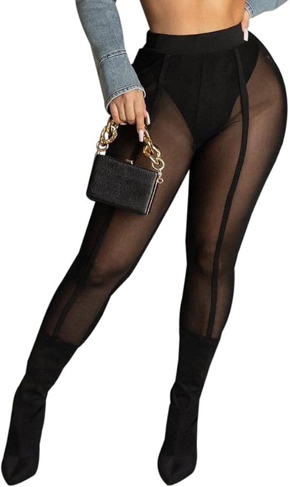 Women's Sexy See Through Sheer Mesh Pants Leggings High Waist Casual Sweatpants Tights | Amazon (US)
